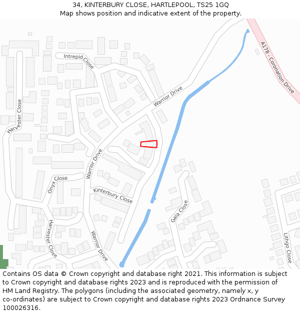 34, KINTERBURY CLOSE, HARTLEPOOL, TS25 1GQ: Location map and indicative extent of plot