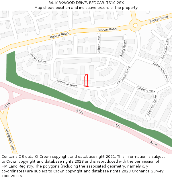 34, KIRKWOOD DRIVE, REDCAR, TS10 2SX: Location map and indicative extent of plot