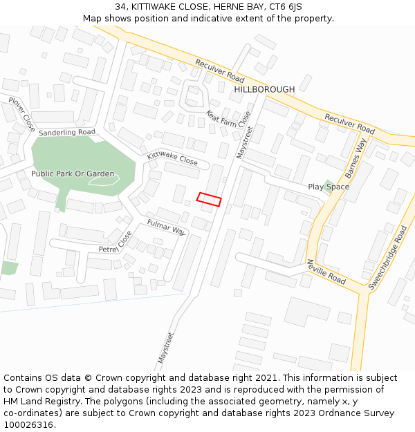 34, KITTIWAKE CLOSE, HERNE BAY, CT6 6JS: Location map and indicative extent of plot