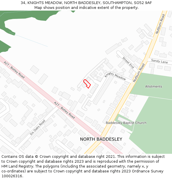 34, KNIGHTS MEADOW, NORTH BADDESLEY, SOUTHAMPTON, SO52 9AF: Location map and indicative extent of plot