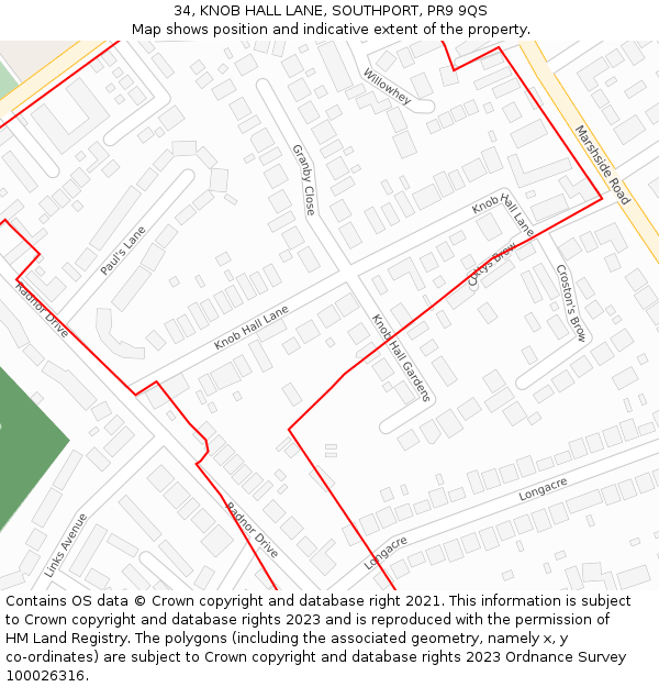 34, KNOB HALL LANE, SOUTHPORT, PR9 9QS: Location map and indicative extent of plot