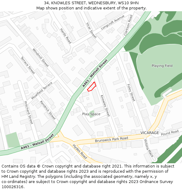 34, KNOWLES STREET, WEDNESBURY, WS10 9HN: Location map and indicative extent of plot