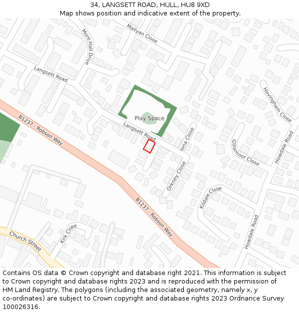 34, LANGSETT ROAD, HULL, HU8 9XD: Location map and indicative extent of plot