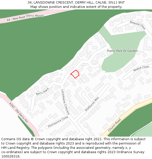 34, LANSDOWNE CRESCENT, DERRY HILL, CALNE, SN11 9NT: Location map and indicative extent of plot