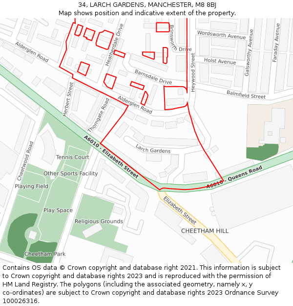 34, LARCH GARDENS, MANCHESTER, M8 8BJ: Location map and indicative extent of plot