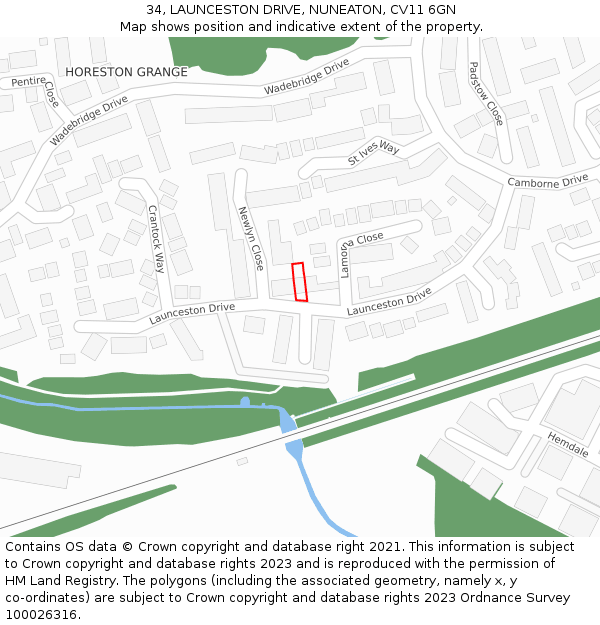 34, LAUNCESTON DRIVE, NUNEATON, CV11 6GN: Location map and indicative extent of plot