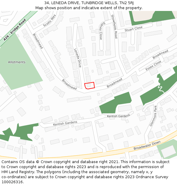 34, LENEDA DRIVE, TUNBRIDGE WELLS, TN2 5RJ: Location map and indicative extent of plot