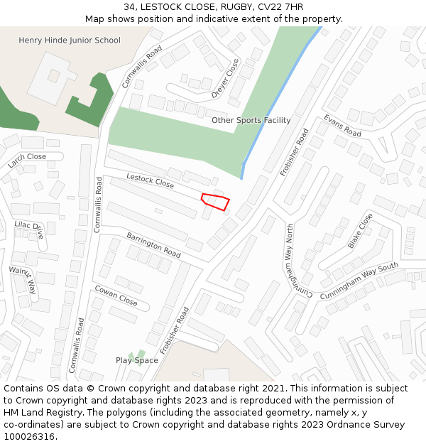 34, LESTOCK CLOSE, RUGBY, CV22 7HR: Location map and indicative extent of plot