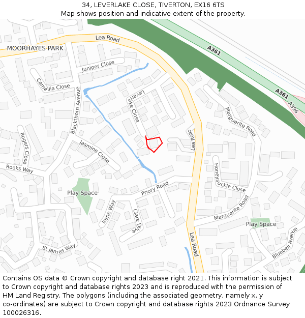 34, LEVERLAKE CLOSE, TIVERTON, EX16 6TS: Location map and indicative extent of plot