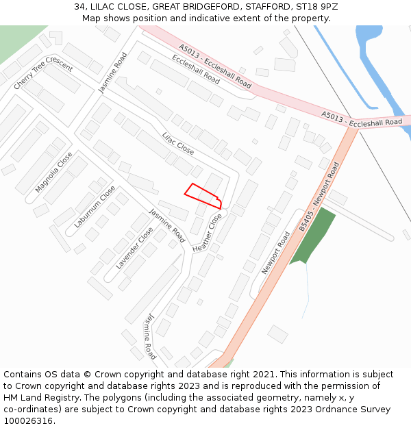 34, LILAC CLOSE, GREAT BRIDGEFORD, STAFFORD, ST18 9PZ: Location map and indicative extent of plot