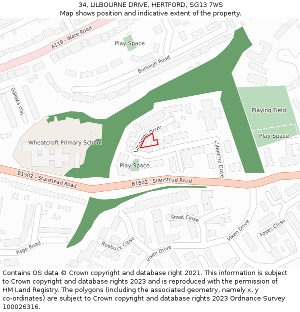 34, LILBOURNE DRIVE, HERTFORD, SG13 7WS: Location map and indicative extent of plot