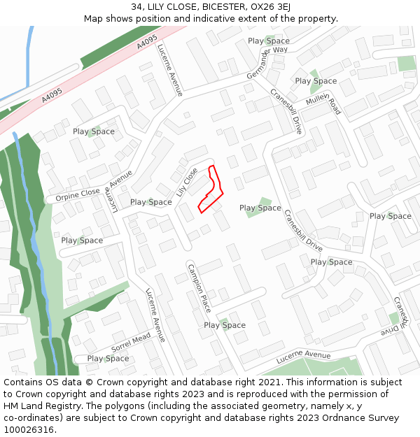 34, LILY CLOSE, BICESTER, OX26 3EJ: Location map and indicative extent of plot