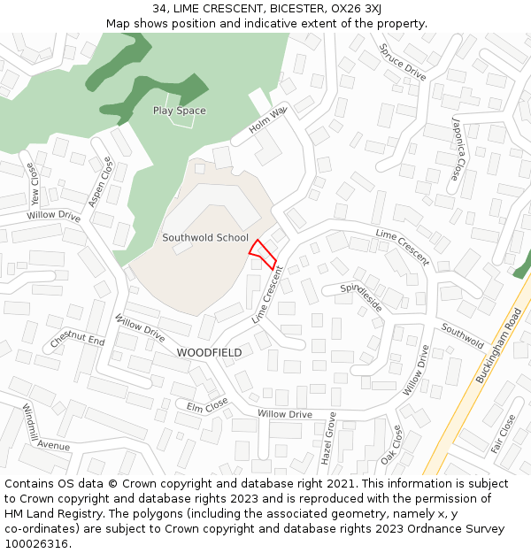 34, LIME CRESCENT, BICESTER, OX26 3XJ: Location map and indicative extent of plot