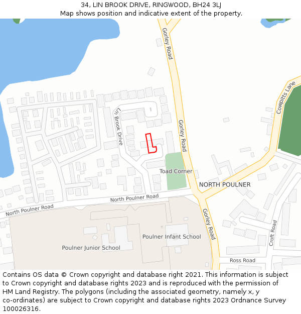 34, LIN BROOK DRIVE, RINGWOOD, BH24 3LJ: Location map and indicative extent of plot