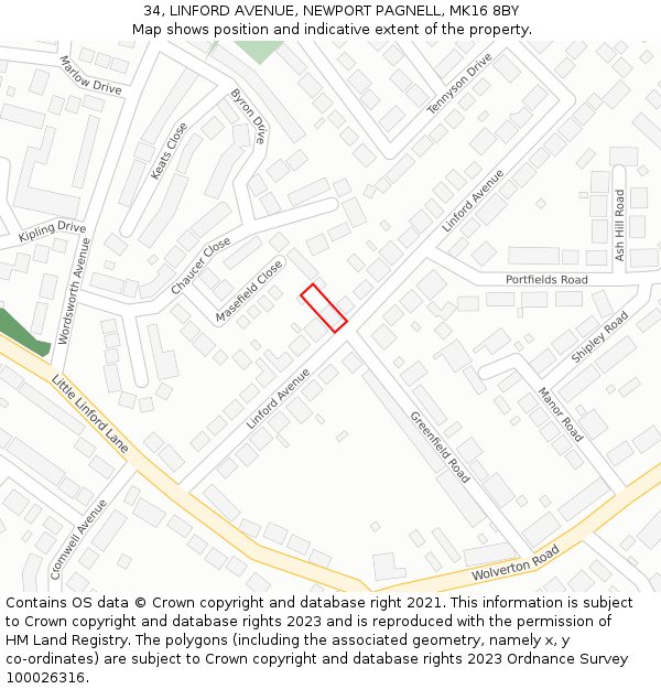 34, LINFORD AVENUE, NEWPORT PAGNELL, MK16 8BY: Location map and indicative extent of plot