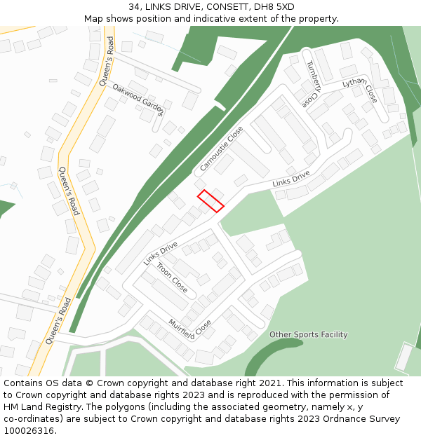 34, LINKS DRIVE, CONSETT, DH8 5XD: Location map and indicative extent of plot