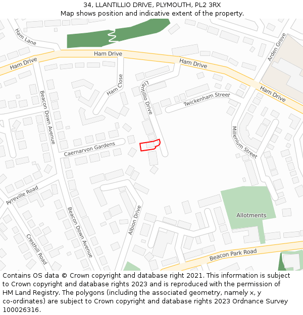 34, LLANTILLIO DRIVE, PLYMOUTH, PL2 3RX: Location map and indicative extent of plot