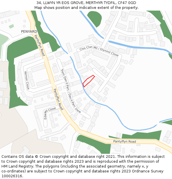 34, LLWYN YR EOS GROVE, MERTHYR TYDFIL, CF47 0GD: Location map and indicative extent of plot