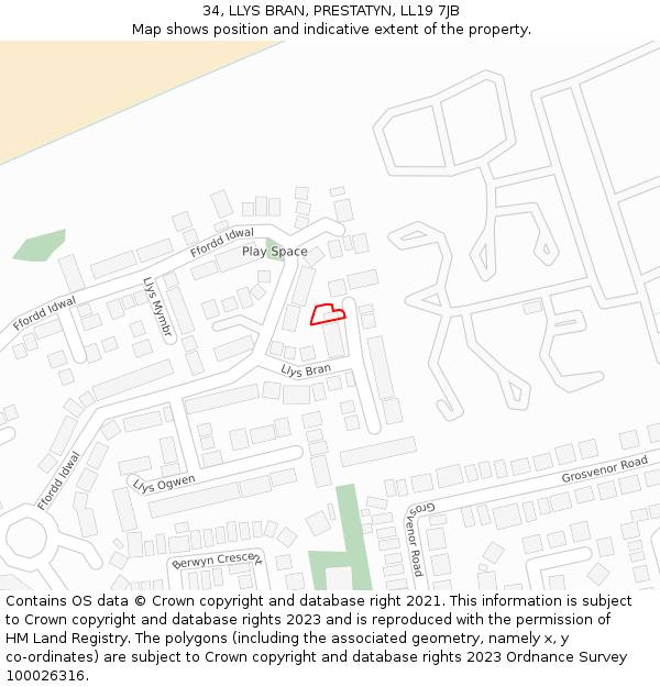 34, LLYS BRAN, PRESTATYN, LL19 7JB: Location map and indicative extent of plot