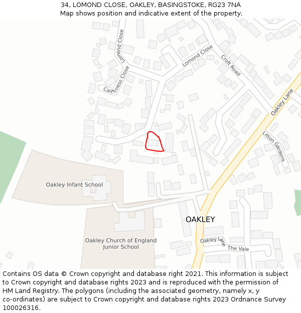 34, LOMOND CLOSE, OAKLEY, BASINGSTOKE, RG23 7NA: Location map and indicative extent of plot