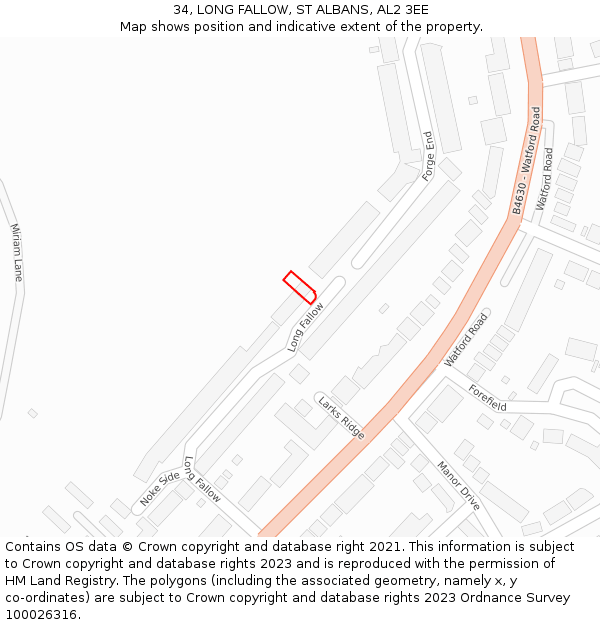34, LONG FALLOW, ST ALBANS, AL2 3EE: Location map and indicative extent of plot