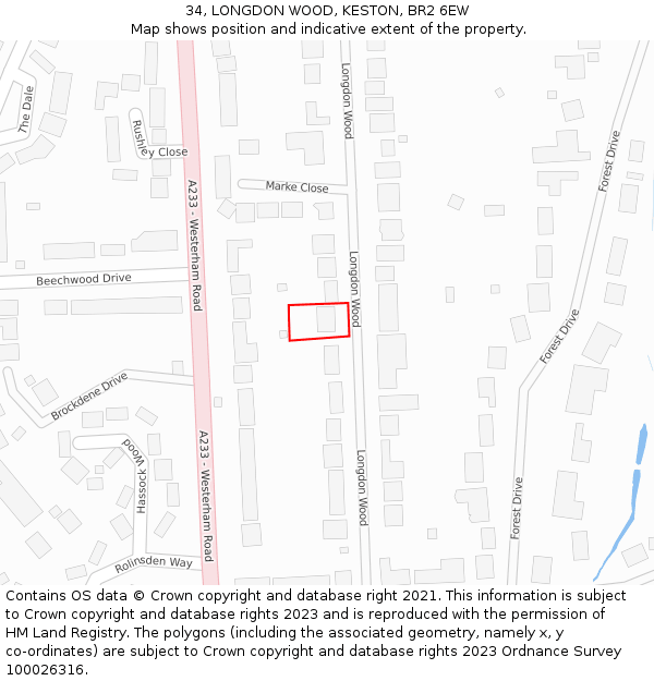 34, LONGDON WOOD, KESTON, BR2 6EW: Location map and indicative extent of plot