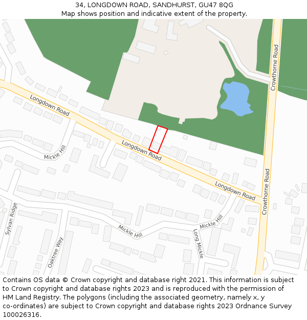 34, LONGDOWN ROAD, SANDHURST, GU47 8QG: Location map and indicative extent of plot