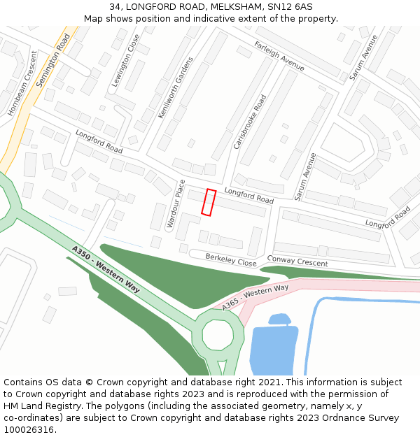 34, LONGFORD ROAD, MELKSHAM, SN12 6AS: Location map and indicative extent of plot