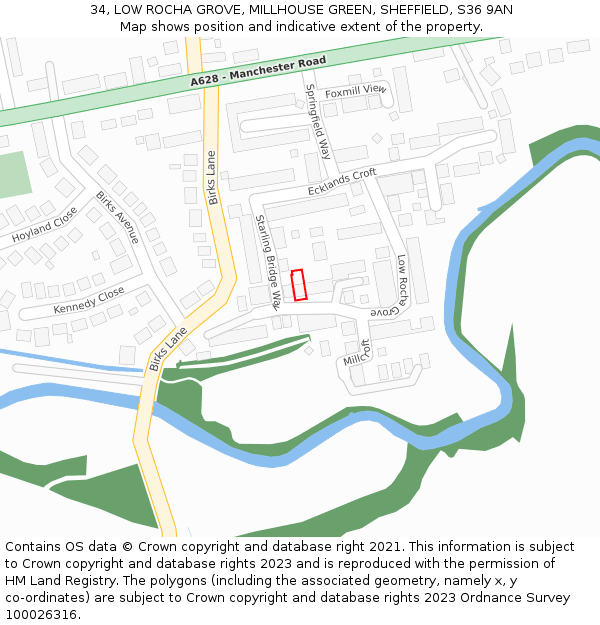 34, LOW ROCHA GROVE, MILLHOUSE GREEN, SHEFFIELD, S36 9AN: Location map and indicative extent of plot