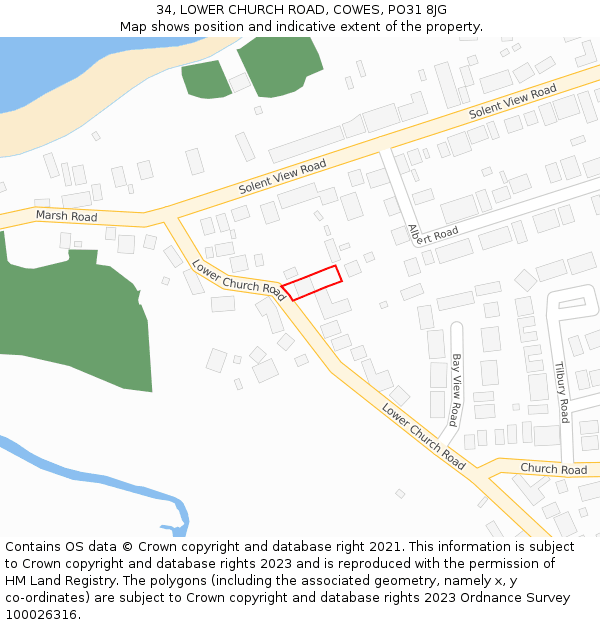 34, LOWER CHURCH ROAD, COWES, PO31 8JG: Location map and indicative extent of plot