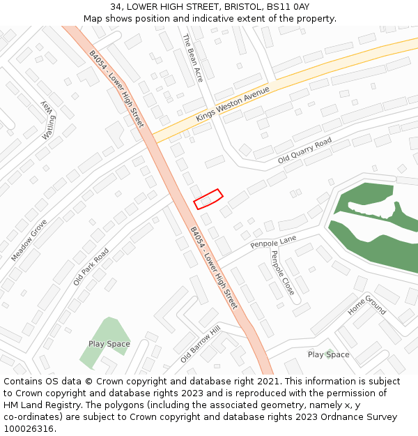 34, LOWER HIGH STREET, BRISTOL, BS11 0AY: Location map and indicative extent of plot