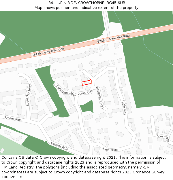 34, LUPIN RIDE, CROWTHORNE, RG45 6UR: Location map and indicative extent of plot