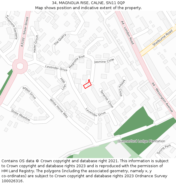 34, MAGNOLIA RISE, CALNE, SN11 0QP: Location map and indicative extent of plot