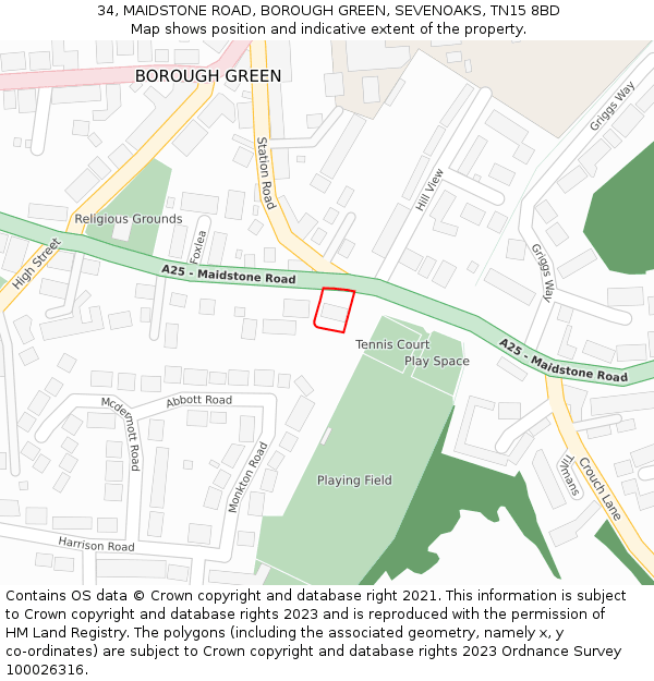 34, MAIDSTONE ROAD, BOROUGH GREEN, SEVENOAKS, TN15 8BD: Location map and indicative extent of plot