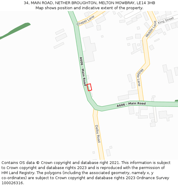 34, MAIN ROAD, NETHER BROUGHTON, MELTON MOWBRAY, LE14 3HB: Location map and indicative extent of plot