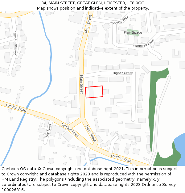 34, MAIN STREET, GREAT GLEN, LEICESTER, LE8 9GG: Location map and indicative extent of plot