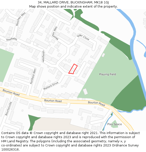 34, MALLARD DRIVE, BUCKINGHAM, MK18 1GJ: Location map and indicative extent of plot