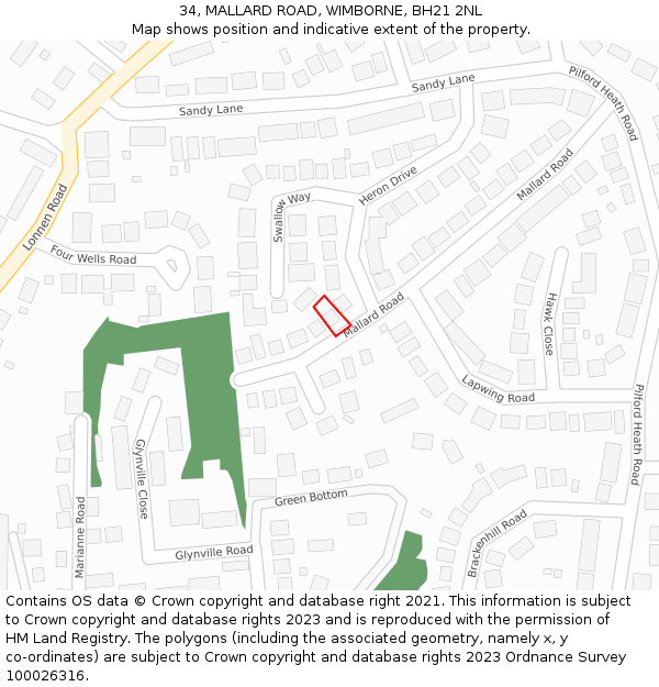 34, MALLARD ROAD, WIMBORNE, BH21 2NL: Location map and indicative extent of plot