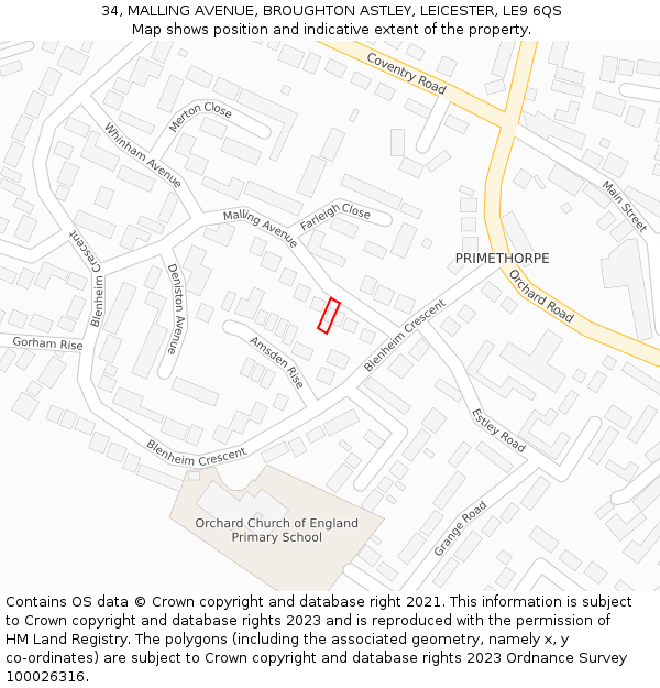 34, MALLING AVENUE, BROUGHTON ASTLEY, LEICESTER, LE9 6QS: Location map and indicative extent of plot