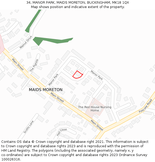 34, MANOR PARK, MAIDS MORETON, BUCKINGHAM, MK18 1QX: Location map and indicative extent of plot