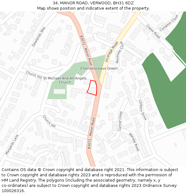 34, MANOR ROAD, VERWOOD, BH31 6DZ: Location map and indicative extent of plot