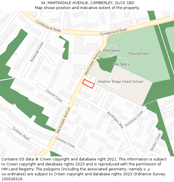 34, MARTINDALE AVENUE, CAMBERLEY, GU15 1BD: Location map and indicative extent of plot