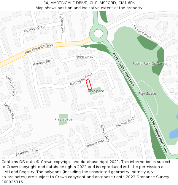 34, MARTINGALE DRIVE, CHELMSFORD, CM1 6FN: Location map and indicative extent of plot