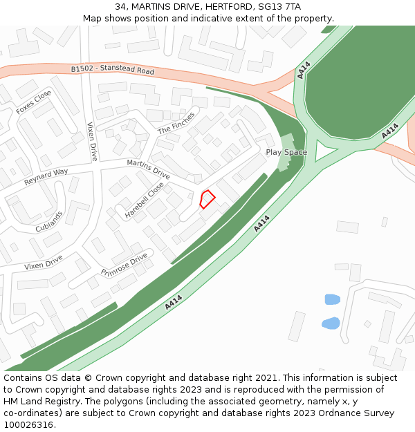 34, MARTINS DRIVE, HERTFORD, SG13 7TA: Location map and indicative extent of plot