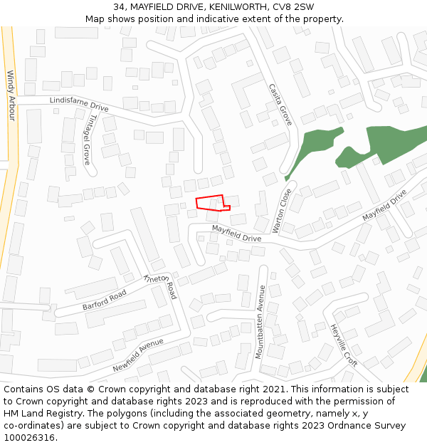 34, MAYFIELD DRIVE, KENILWORTH, CV8 2SW: Location map and indicative extent of plot