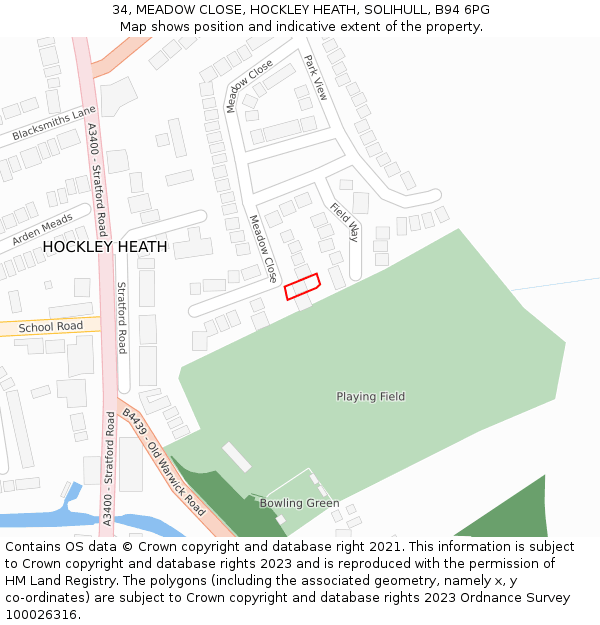 34, MEADOW CLOSE, HOCKLEY HEATH, SOLIHULL, B94 6PG: Location map and indicative extent of plot