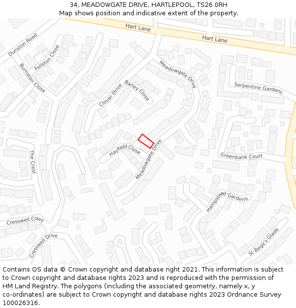 34, MEADOWGATE DRIVE, HARTLEPOOL, TS26 0RH: Location map and indicative extent of plot