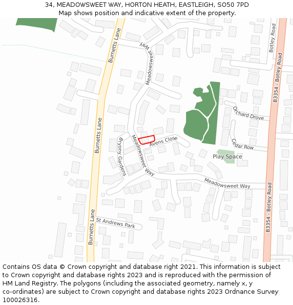 34, MEADOWSWEET WAY, HORTON HEATH, EASTLEIGH, SO50 7PD: Location map and indicative extent of plot