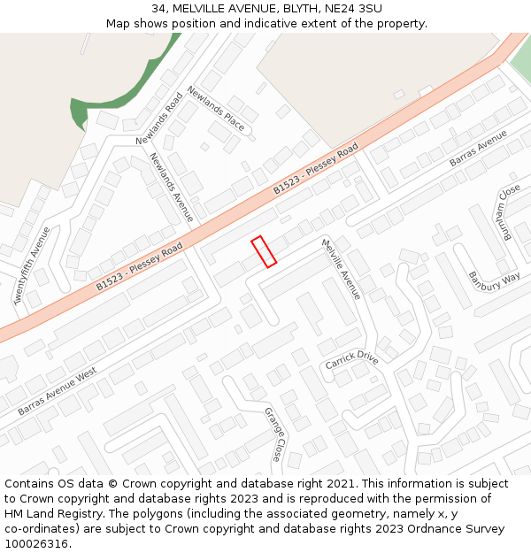 34, MELVILLE AVENUE, BLYTH, NE24 3SU: Location map and indicative extent of plot