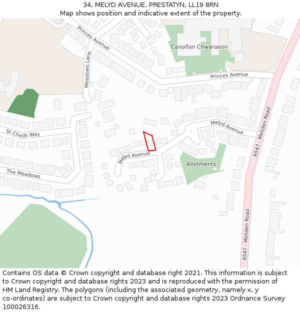34, MELYD AVENUE, PRESTATYN, LL19 8RN: Location map and indicative extent of plot